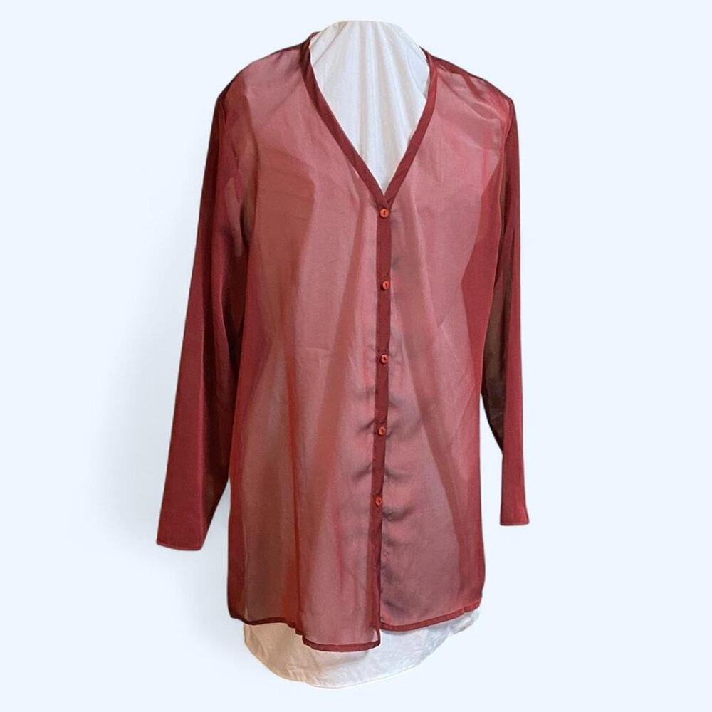Vintage Y2K Christie & Jill Burgundy Sheer Button-Up Blouse